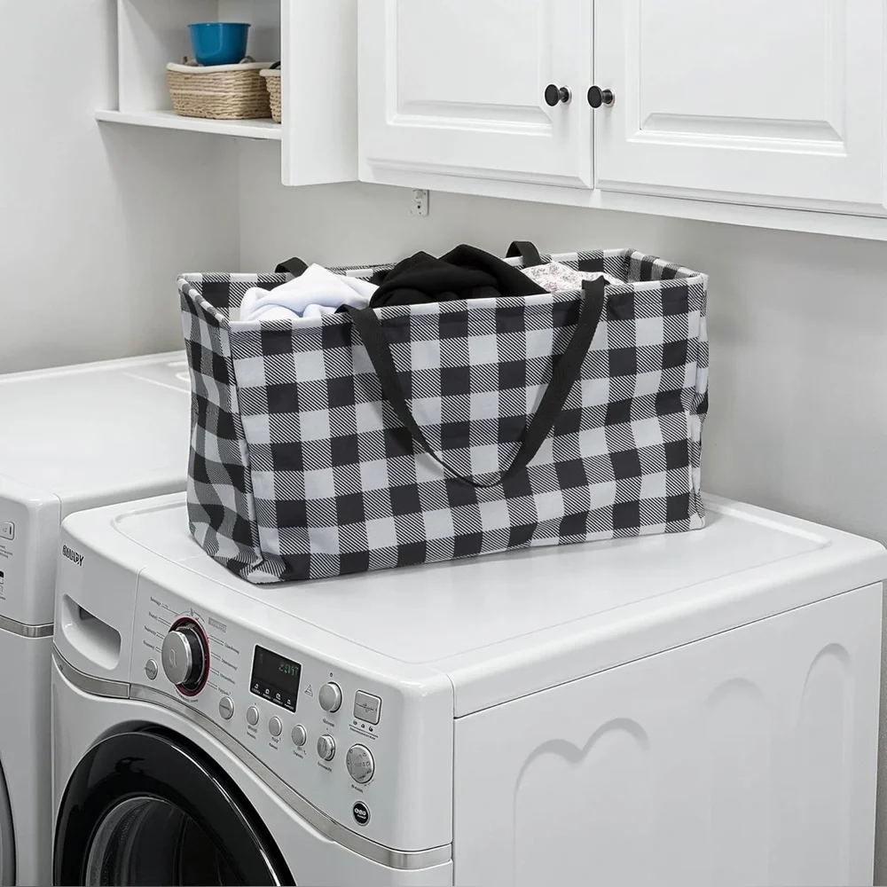 Household Essentials Utility Tote‎ Bag Large Black White Checkered Plaid NWT